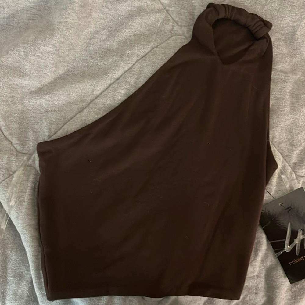 Naked Wardrobe brown midi one shoulder top